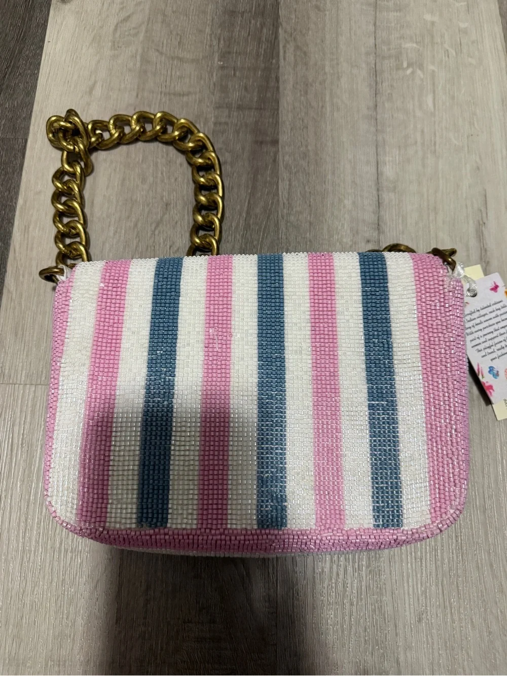 Pink, white, blue, and green stripe beaded bag with gold chain • NWT